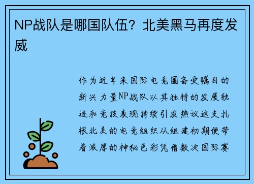 NP战队是哪国队伍？北美黑马再度发威